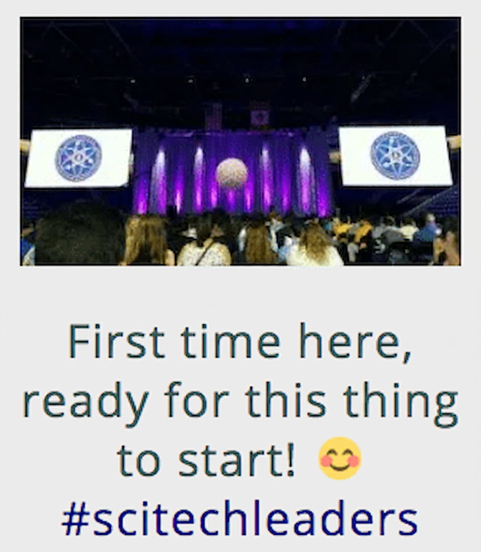 Tweet showing the Summit stage before opening: First time here, ready for this thing to start! #scitechleaders