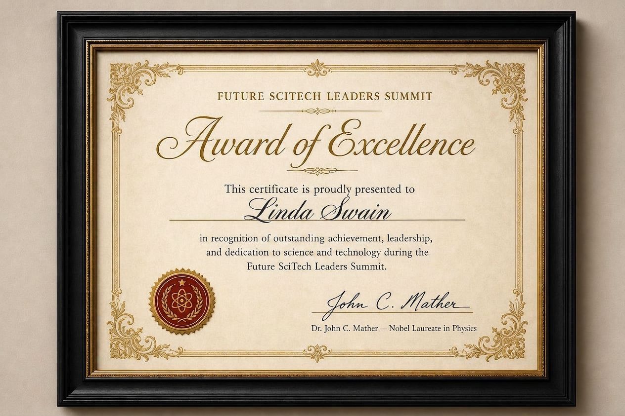 Future SciTech Leaders Summit Award of Excellence certificate in a black frame